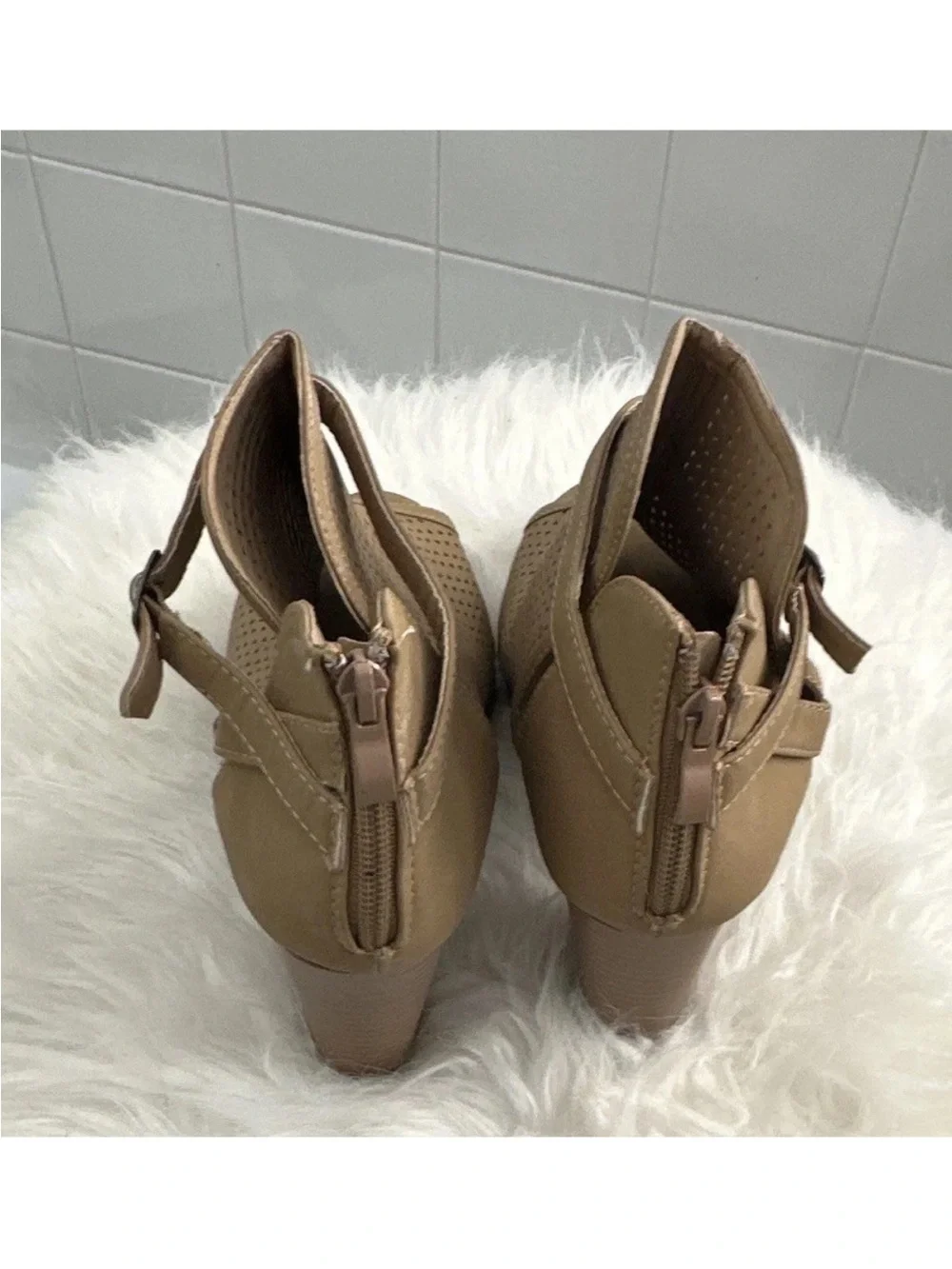 TOP Moda Tan Perforated Peep-Toe Wedge Booties
